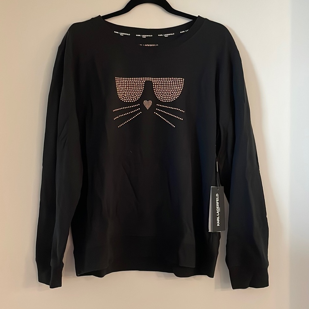 NWT Karl Lagerfeld Rhinestone Detail Cat Sweatshirt